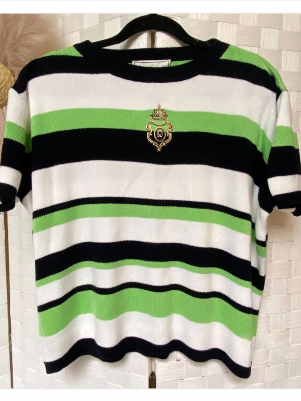St John Sport Green Black White Gold Logo Sweater Top Short Sleeve Size M